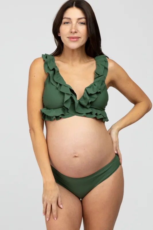 Olive Ruffle Accent Maternity Bikini Set sold by Pinkblush