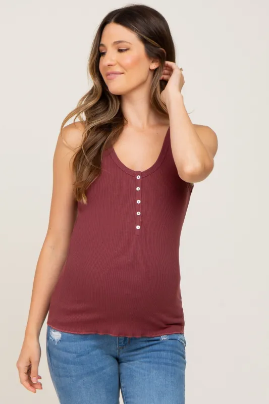 Burgundy Ribbed Button Front Maternity Tank Top sold by Pinkblush