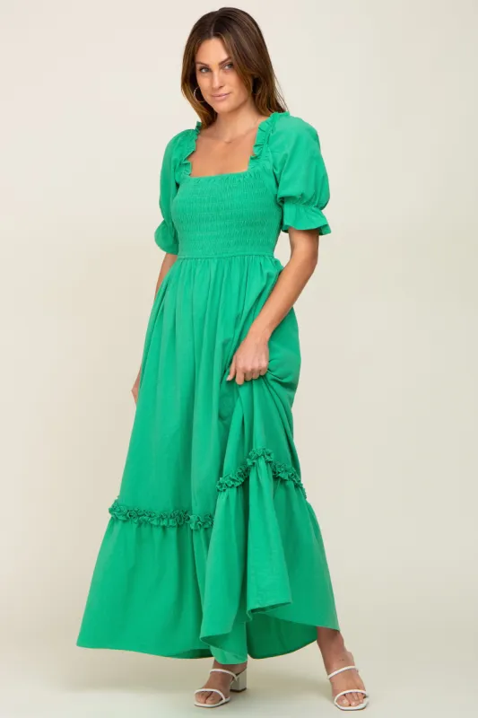 Green Puff Sleeve Ruffle Accent Maxi Dress sold by Pinkblush