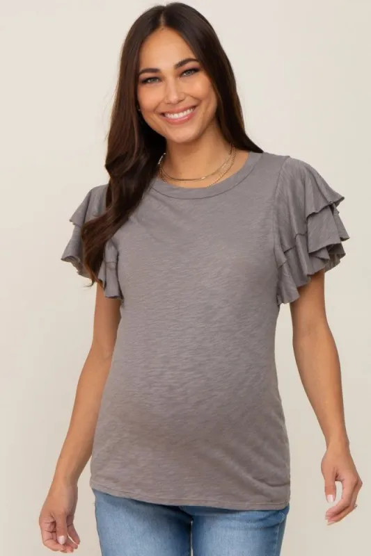 Heather Grey Ruffle Sleeve Maternity Top sold by Pinkblush