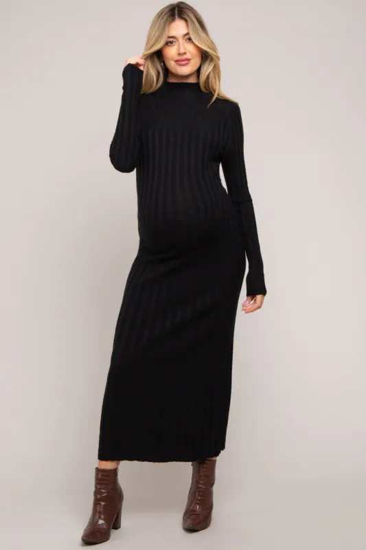 Black Ribbed Turtle Neck Maternity Midi Dress sold by Pinkblush