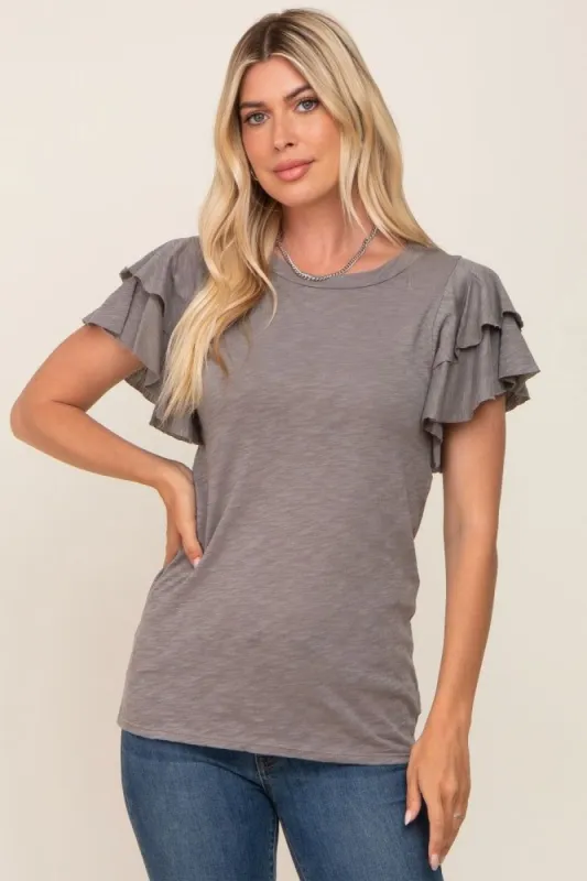 Heather Grey Ruffle Sleeve Top sold by Pinkblush