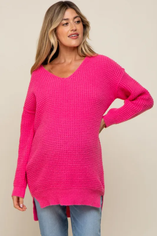 Fuchsia Chunky Knit V-Neck Side Slit Long Maternity Sweater sold by Pinkblush