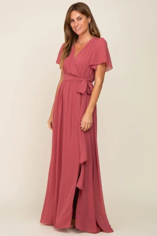 Mauve Chiffon Short Sleeve Wrap V-Neck Front Slit Maxi Dress sold by Pinkblush