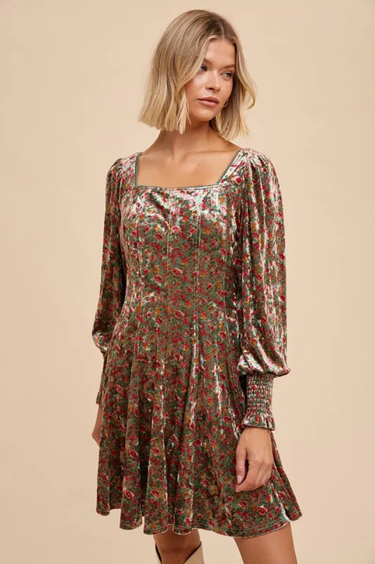 Emerald Floral Velvet Floral Square Neck Mini Dress sold by Pinkblush