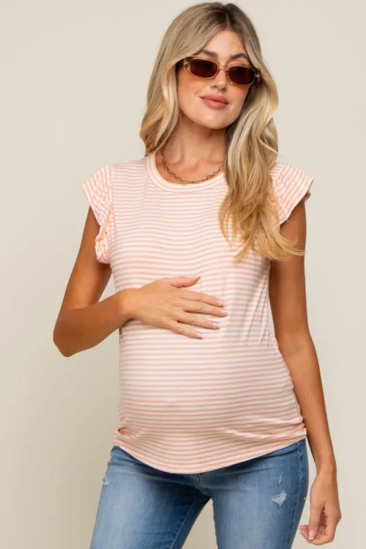 Coral Striped Flutter Sleeve Maternity Top sold by Pinkblush
