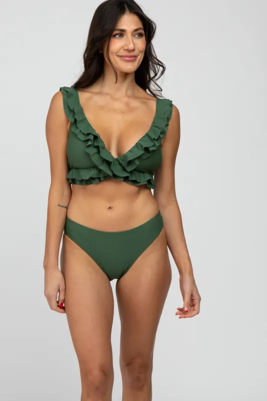 Olive Ruffle Accent Bikini Set sold by Pinkblush