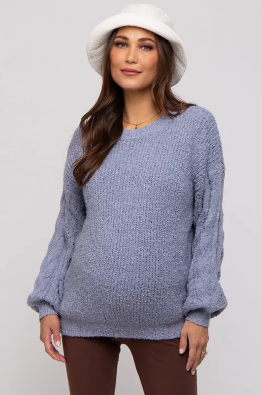 Blue Knit Puff Sleeve Maternity Sweater sold by Pinkblush