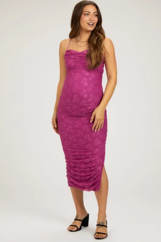 Magenta Floral Lace Ruched Cross Back Maternity Midi Dress sold by Pinkblush
