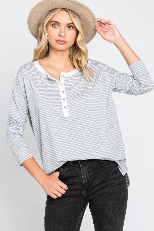 Grey Striped Button Front Long Sleeve Top sold by Pinkblush