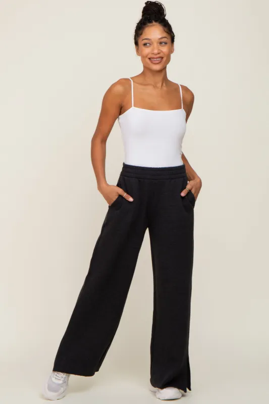 Black Soft Wide Leg Side Slit Sweatpants sold by Pinkblush