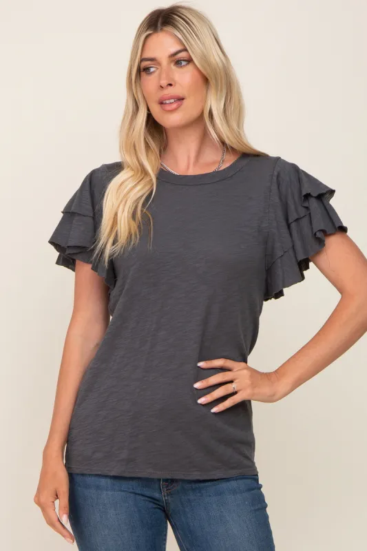 Charcoal Ruffle Sleeve Top sold by Pinkblush