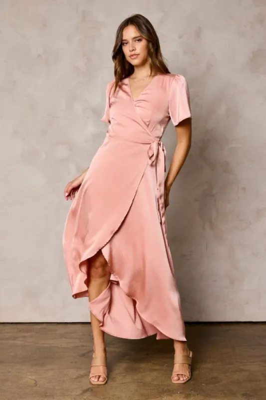 Blush Satin Tulip Hem Wrap Dress sold by Pinkblush