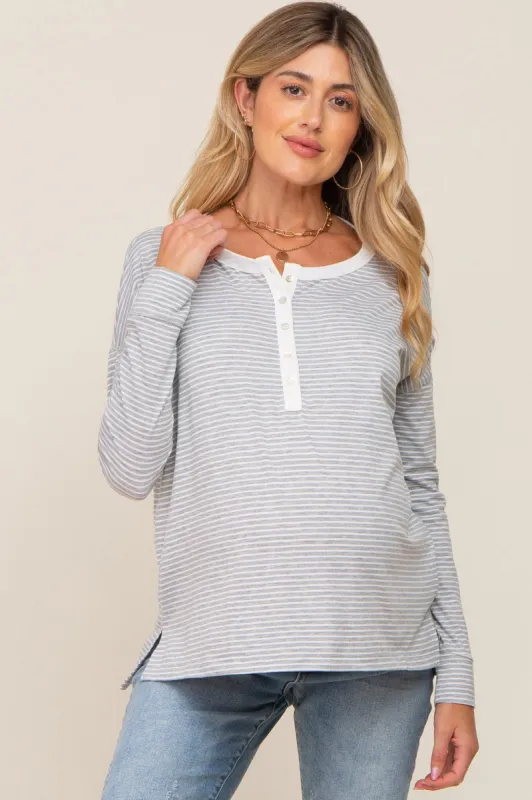 Grey Striped Button Front Long Sleeve Maternity Top sold by Pinkblush