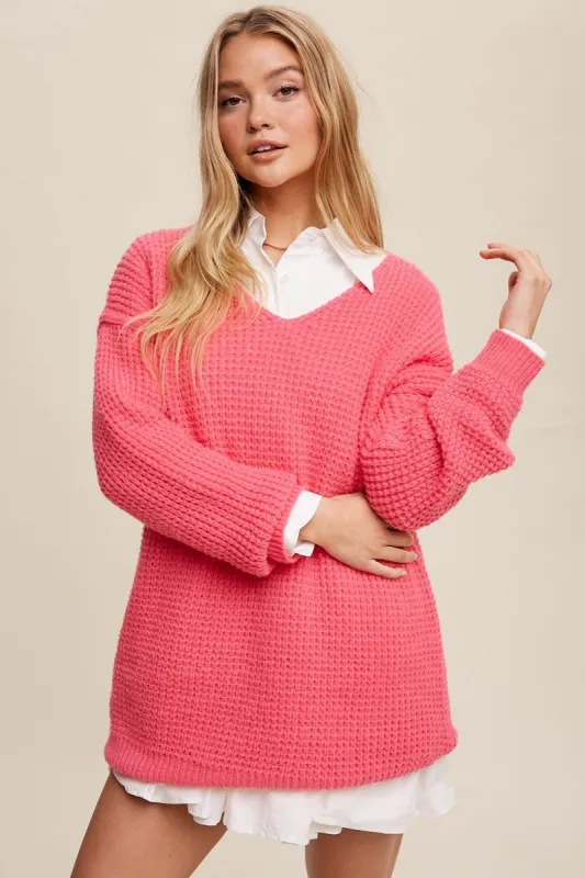 Fuchsia Chunky Knit V-Neck Side Slit Long Sweater sold by Pinkblush