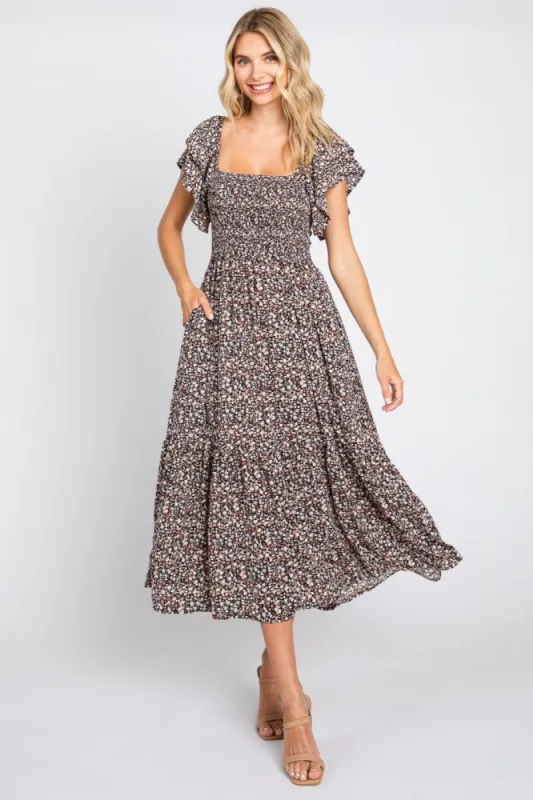 Black Floral Flutter Midi Dress sold by Pinkblush