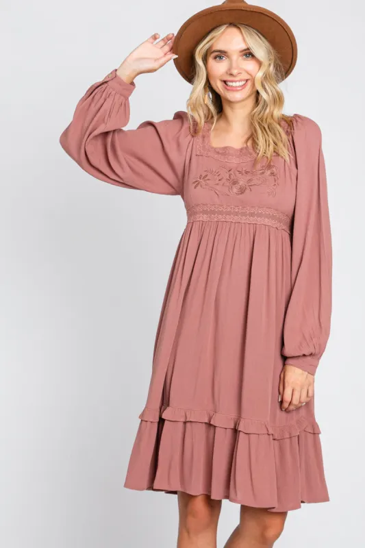 Dark Mauve Lace Embroidered Square Neck Dress made by Pinkblush