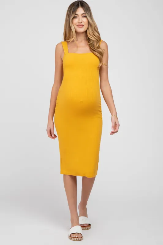 Mustard Ribbed Fitted Maternity Dress sold by Pinkblush