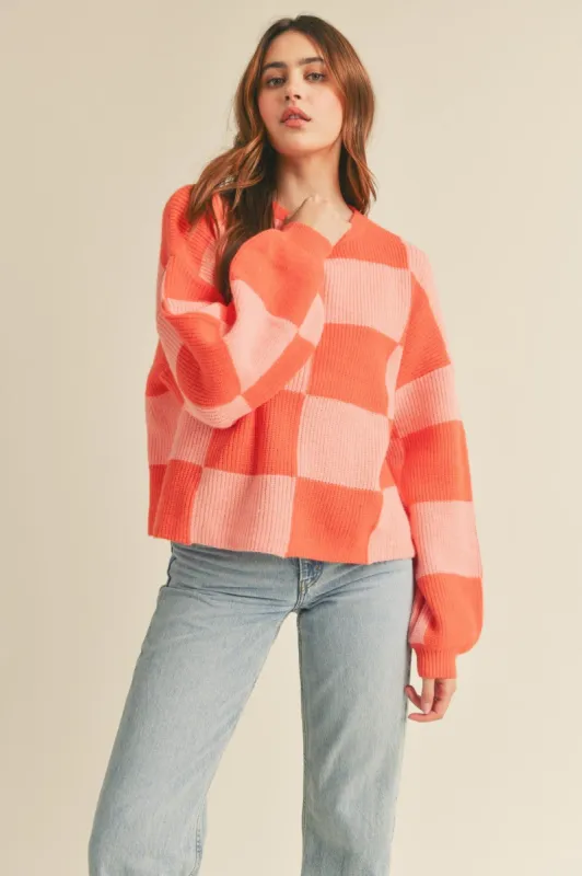 Orange Apricot Oversized Checkered Pullover Sweater sold by Pinkblush