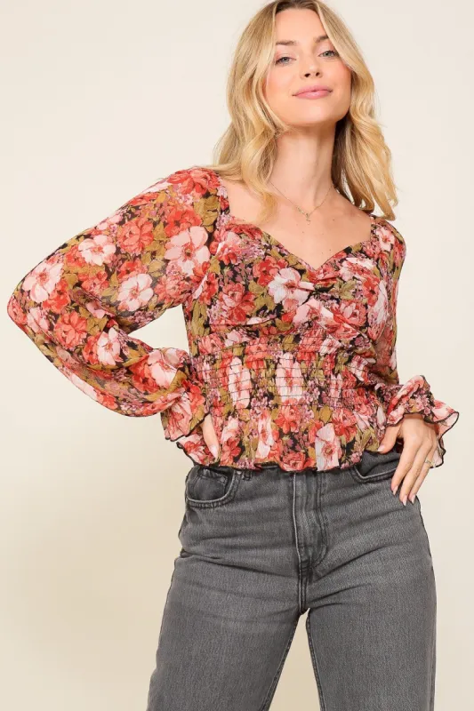 Black Combo Floral Print Smocked Chiffon Top sold by Pinkblush
