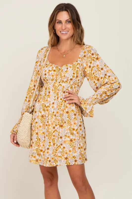 Gold Floral Button Front Long Sleeve Dress sold by Pinkblush