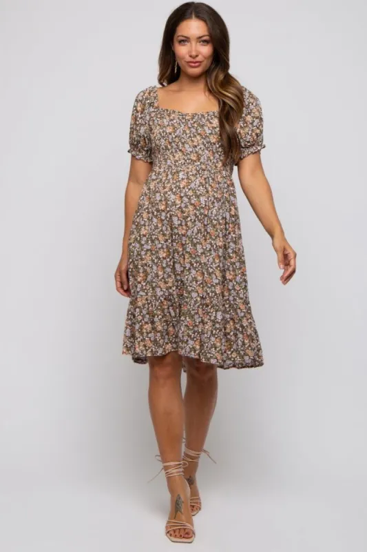 Mocha Floral Smocked Square Neck Short Sleeve Maternity Dress sold by Pinkblush