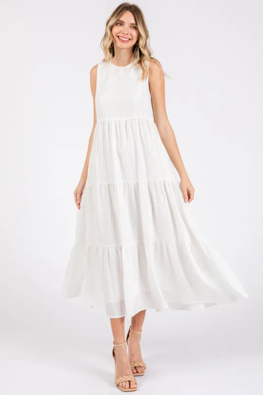 White Sleeveless Tiered Maxi Dress sold by Pinkblush