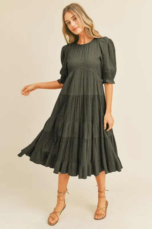 Black Eyelet Puff Sleeve Tiered Midi Dress sold by Pinkblush