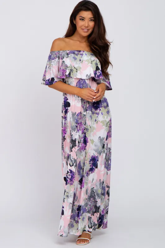 Purple Floral Ruffle Off Shoulder Maxi Dress sold by Pinkblush