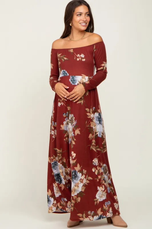 Burgundy Floral Off Shoulder Long Sleeve Maternity Maxi Dress sold by Pinkblush