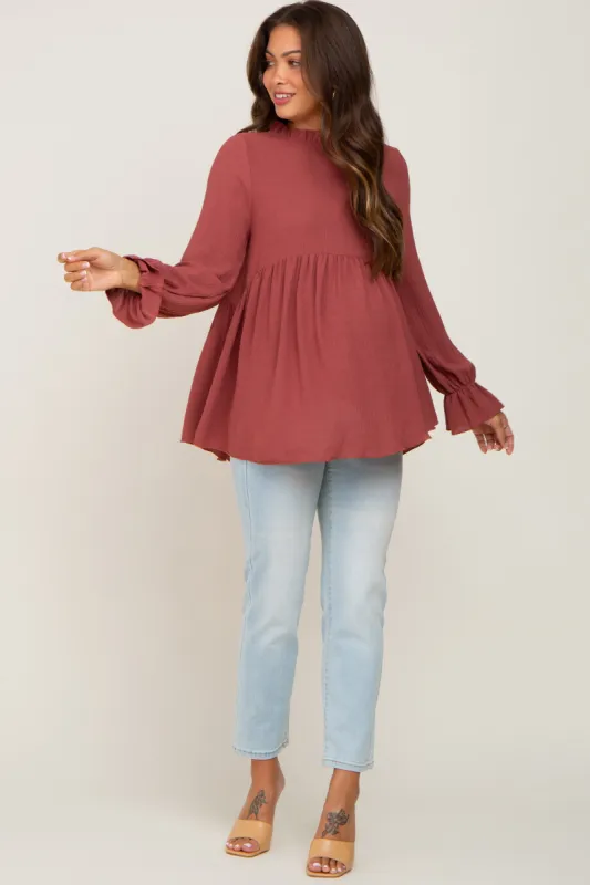 Rust Long Sleeve Ruffle Peplum Maternity Blouse sold by Pinkblush