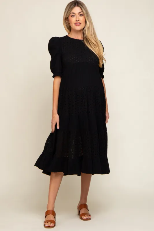 Black Eyelet Puff Sleeve Tiered Maternity Midi Dress sold by Pinkblush