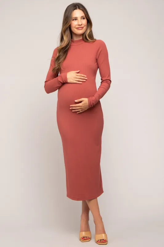 Rust Ribbed Mock Neck Maternity Midi Dress sold by Pinkblush