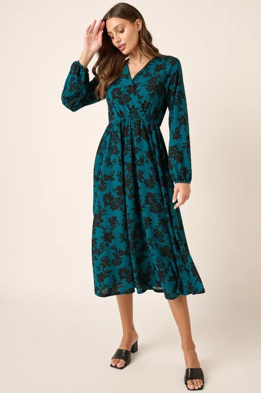 Teal Flower Print Long Sleeve Surplice Midi Dress sold by Pinkblush