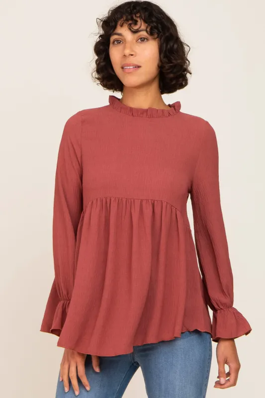 Rust Long Sleeve Ruffle Peplum Blouse sold by Pinkblush