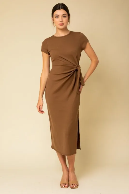 Brown Rib Knit Side Tie Midi Dress sold by Pinkblush
