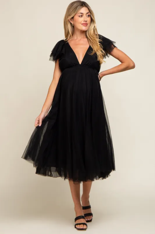 Black Tulle V-Neck Flutter Sleeve Maternity Midi Dress sold by Pinkblush