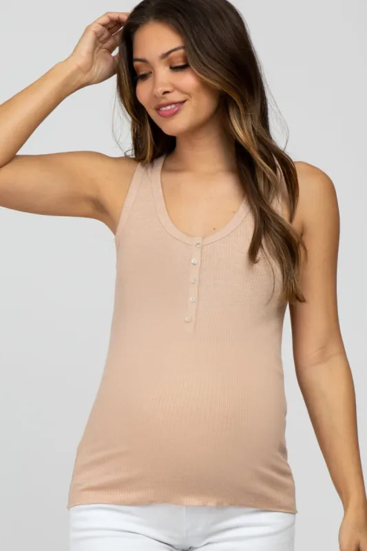 Taupe Ribbed Button Front Maternity Tank Top sold by Pinkblush