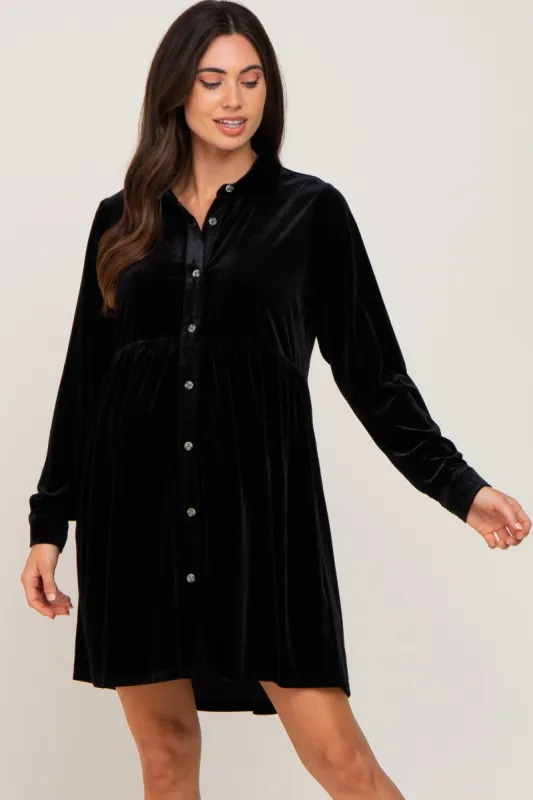 Black Velvet Button Down Maternity Mini Dress sold by Pinkblush