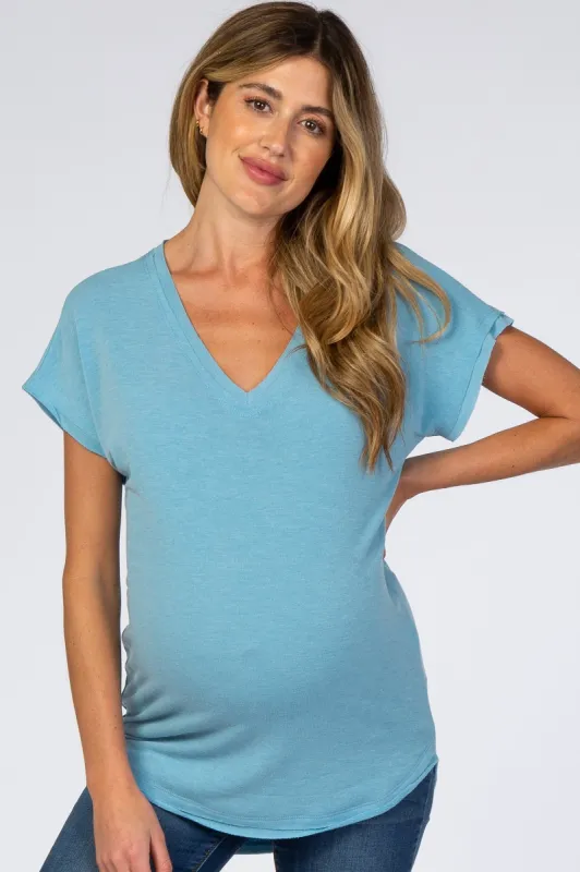 Blue V-Neck Raw Hem Maternity Short Sleeve Top sold by Pinkblush