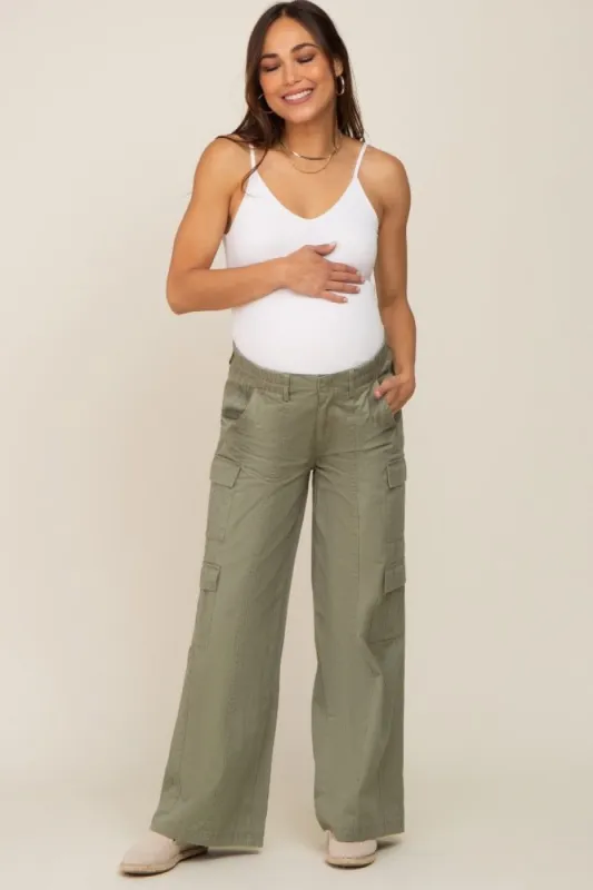 Olive Maternity Double Pocket Wide Leg Cargo Pants sold by Pinkblush