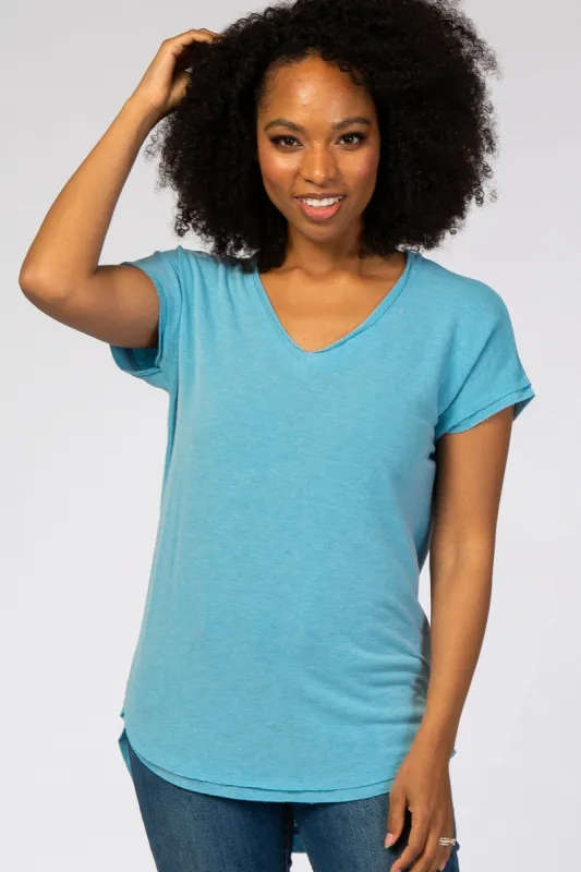 Blue V-Neck Raw Hem Short Sleeve Top sold by Pinkblush