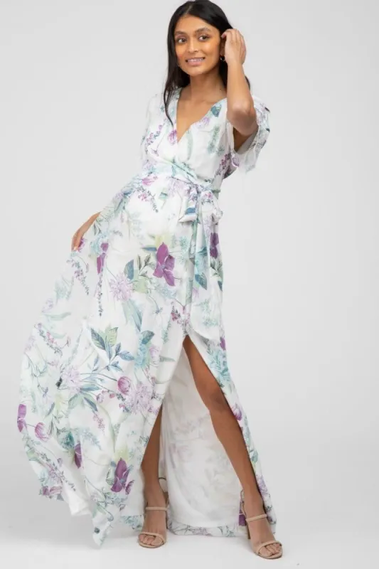White Floral Chiffon Short Sleeve Maternity Maxi Dress sold by Pinkblush