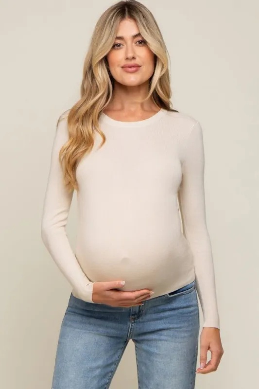 Beige Knit Long Sleeve Maternity Top sold by Pinkblush