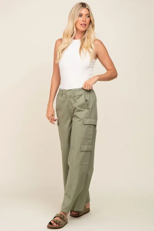 Olive Double Pocket Wide Leg Cargo Pants sold by Pinkblush