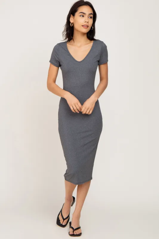 Charcoal Basic Ribbed Fitted Midi Dress sold by Pinkblush