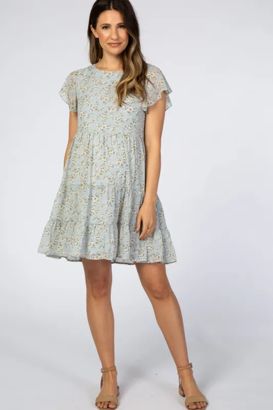 Blue Floral Chiffon Pleated Flutter Sleeve Maternity Dress sold by Pinkblush