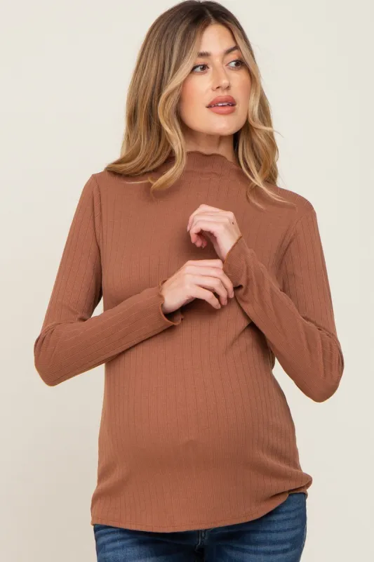 Camel Ribbed Long Sleeve Mock Neck Maternity Top sold by Pinkblush