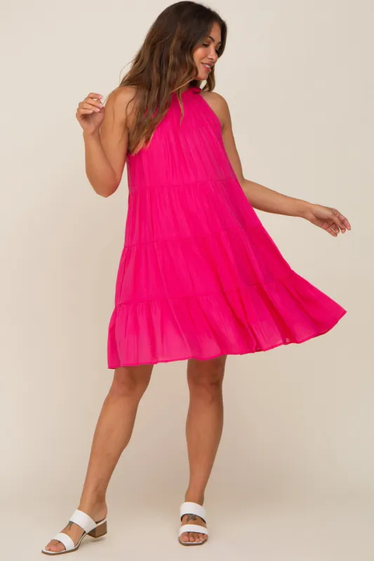 Fuchsia Ruffle Mock Neck Tiered Maternity Dress sold by Pinkblush