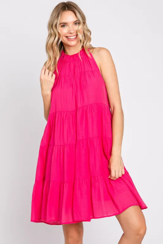 Fuchsia Ruffle Mock Neck Tiered Dress sold by Pinkblush